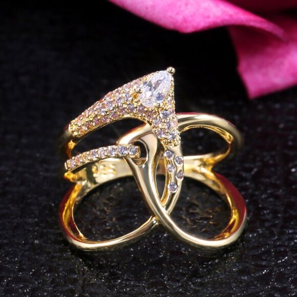 Jewelry - Creative Irregular Cross Design Pear Zircon Gold Rings for Women, INDN8202